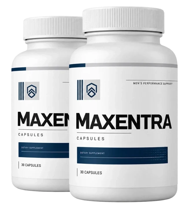 Maxentra two-bottle package of men's support capsules